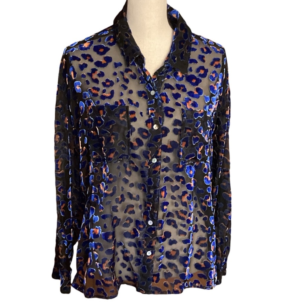Dear John Denim Arianna Front Tie Shirt Sheer Blue Leopard Size Small